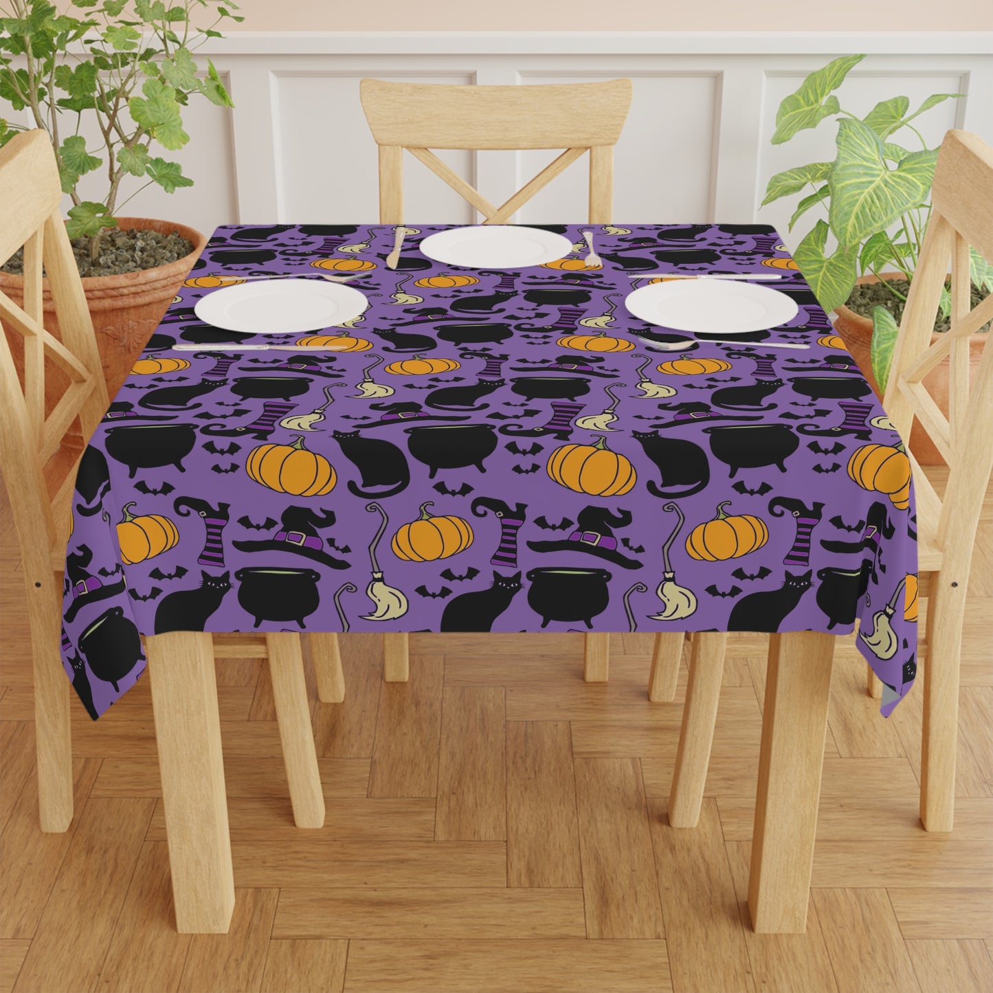 Witchy Things Halloween Tablecloth 55x55" Spooky Kitchen Party Decor Fabric Tablet Cloth Witch Hats, Black Cats, Pumpkins, Bats, Cauldrons