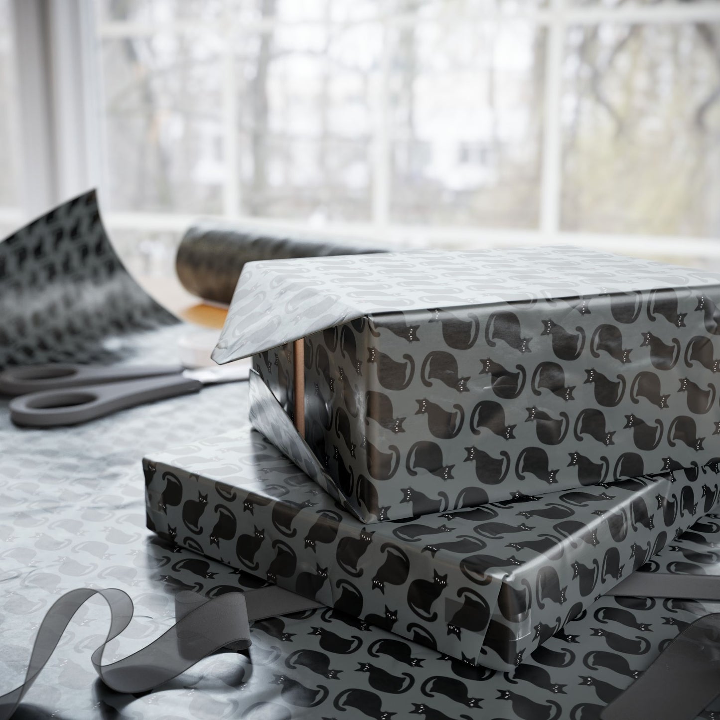 Black Cat Pattern Wrapping Paper, Dark Goth Halloween Kitty Cats Print Gift Wrap Roll, Birthday Anniversary Christmas Holiday Gifts