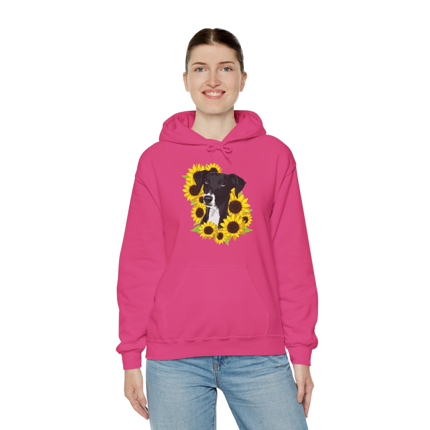 Marley Dog in Sunflowers Pullover Hoodie Hooded Sweatshirt with Black Lab Dog with Sunflower Art Print