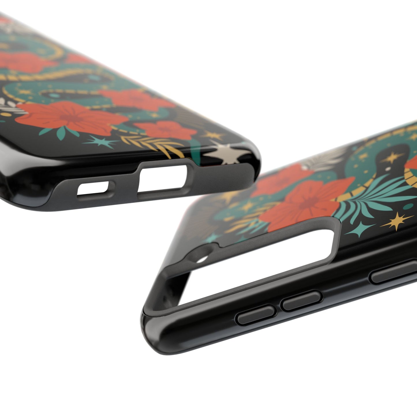 Mystic Snake Cell Phone Case, Black Tough Phone Cases Boho Serpent Snakes Floral Design
