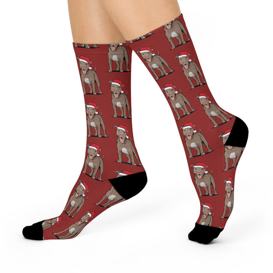 Christmas Santa Pitbull Dog Crew Socks, Festive Red Pit Bull Terrier Dogs Novelty Socks, Pet Owner Holiday Gifts, Cozy Winter Footwear