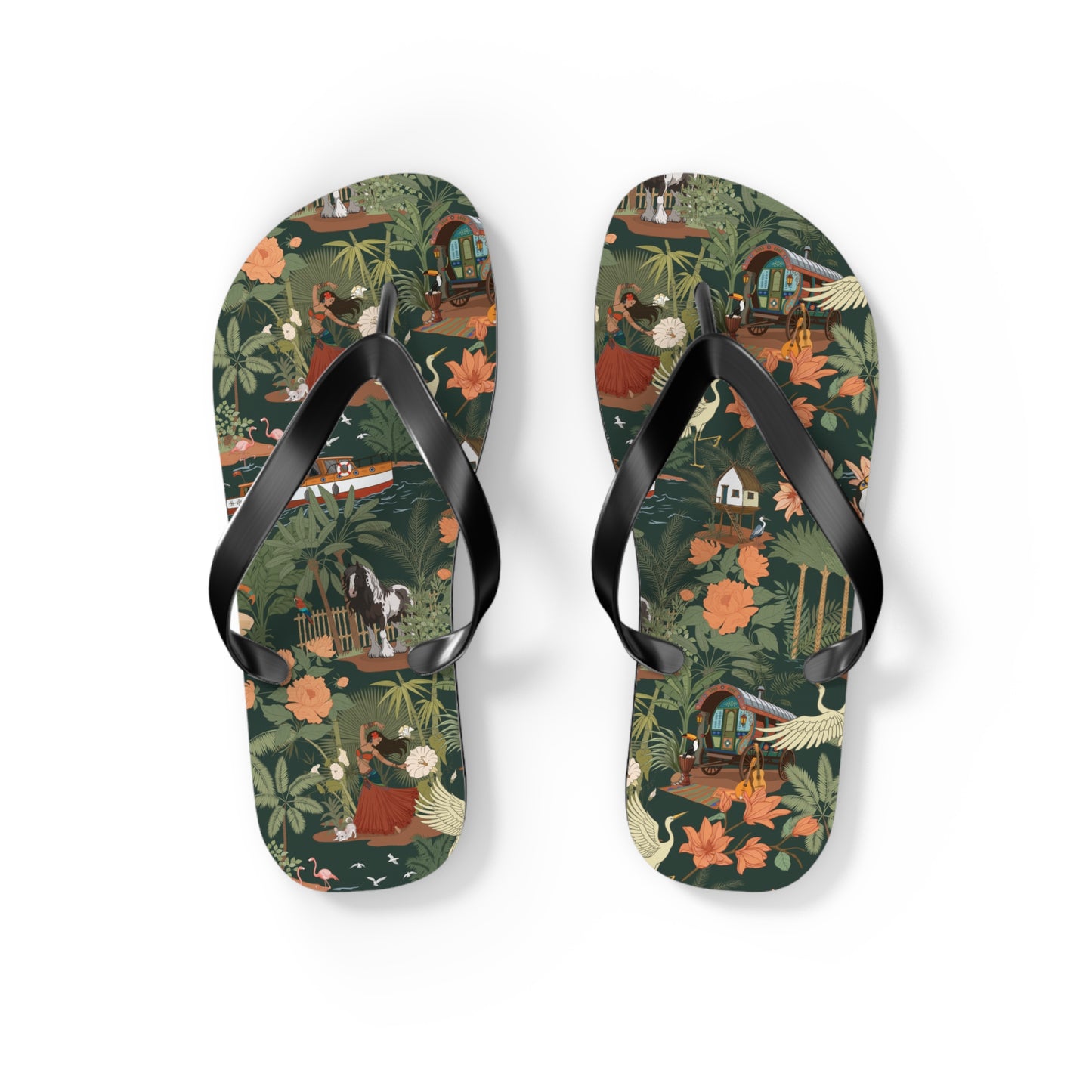 Tropical Nomad Floral Island Flip Flops | Vintage Travel Birds Pattern Sandals