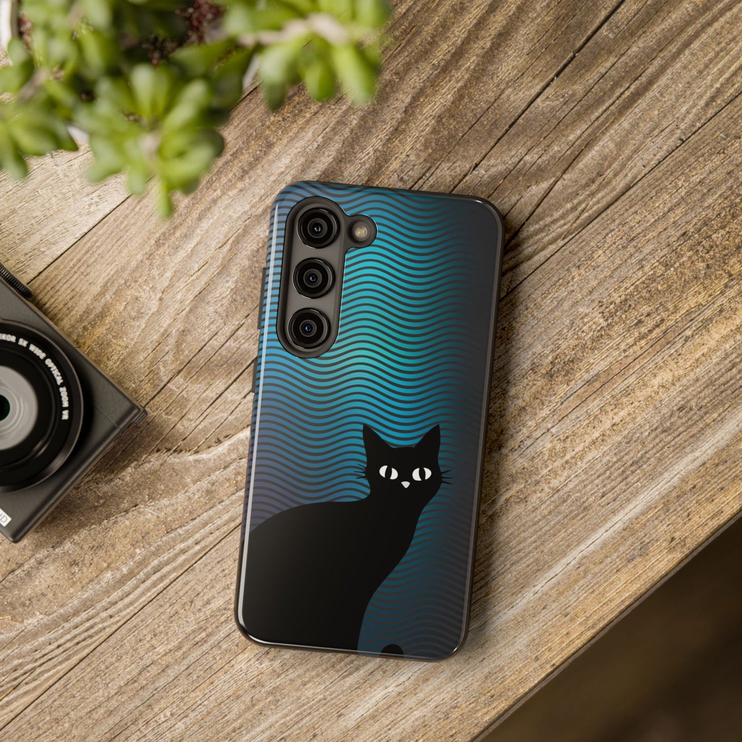 Black Cat Cell Phone Case | Peeking Kitty Graphic on Wavy Teal Background