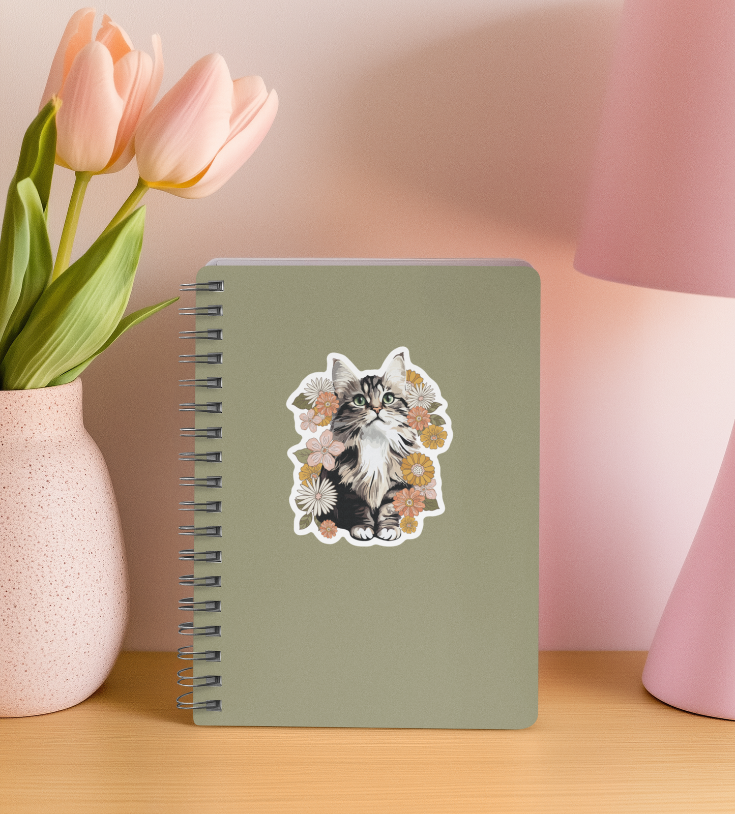 4" Fluffy Kitty In Flowers Sticker - Waterproof, Fade-Resistant Decal Stickers Floral Cat Design
