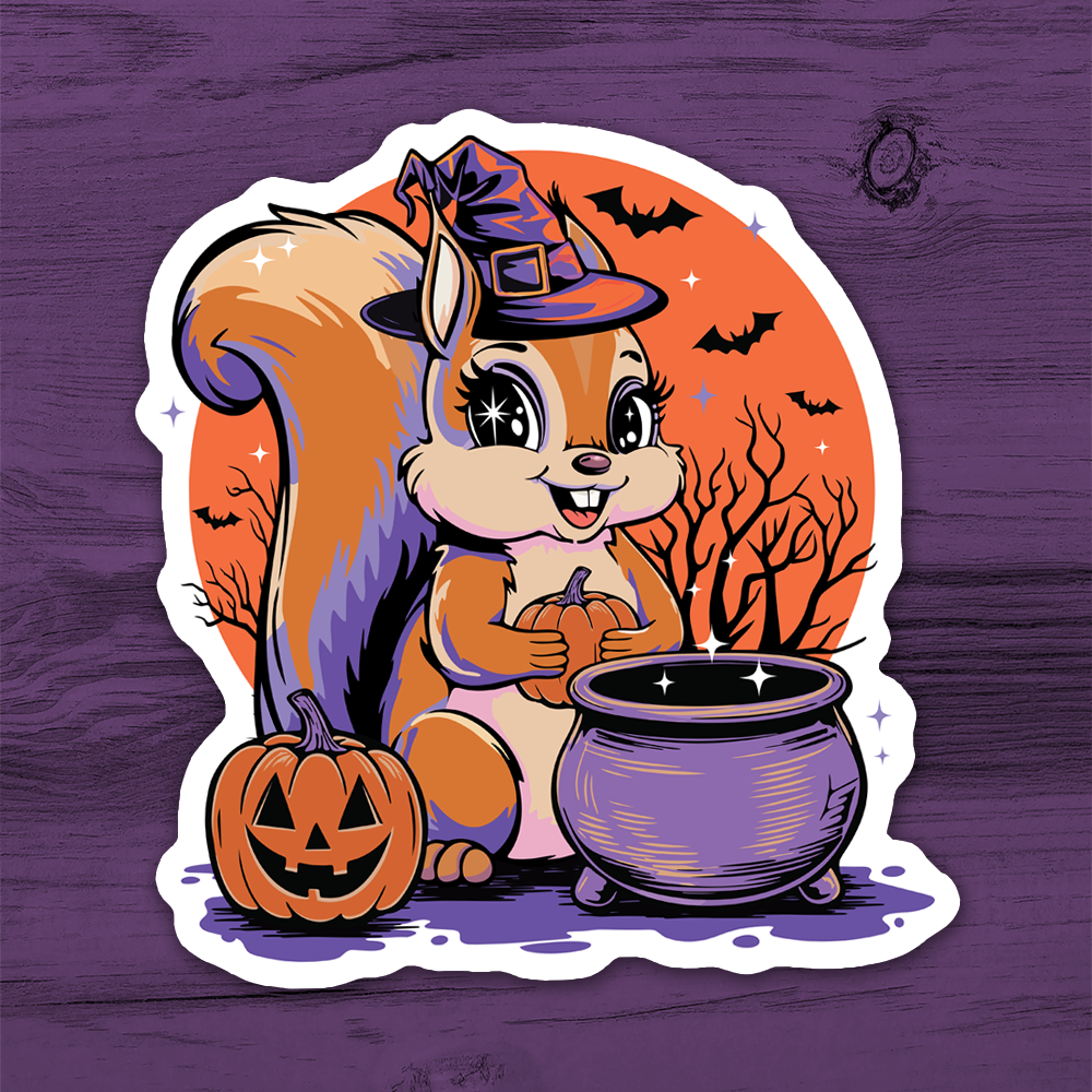 3" Witchy Squirrel Sticker - Waterproof Decal Stickers Spooky Halloween Witch Squirrels