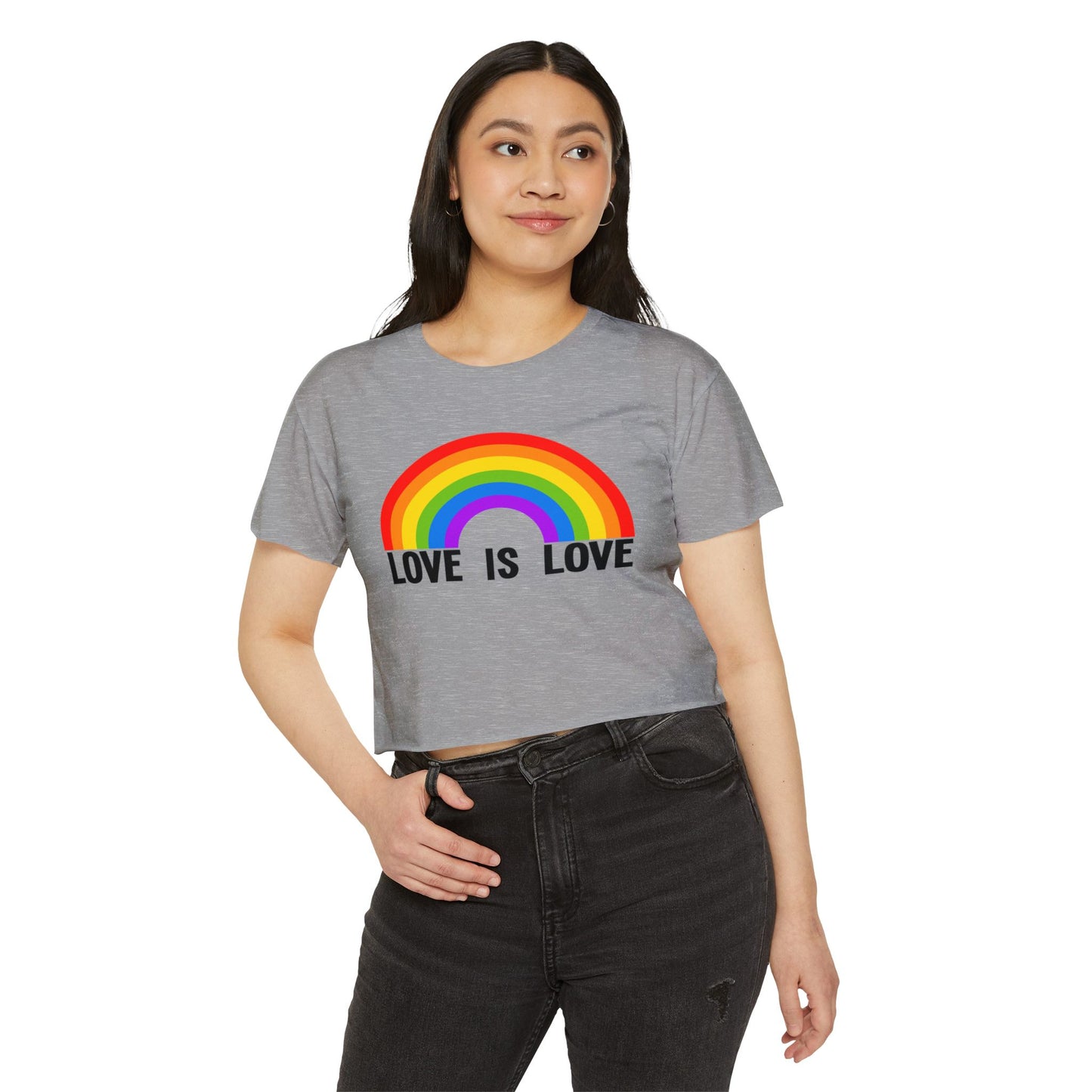 Love Is Love Rainbow Crop Top, Womens LGBTQIA Summer Pride Festival Cropped Tee, Lesbian Gay Queer Ally Apparel Scissors