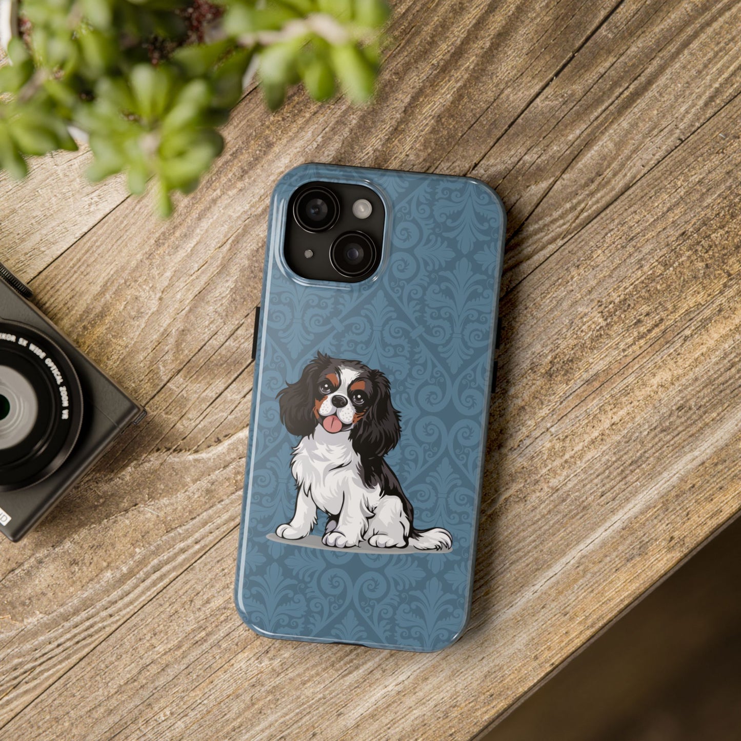 Tricolor Cavalier King Charles Spaniel Dog Phone Case, Tough Phone Cases Pet Dogs Blue Pattern