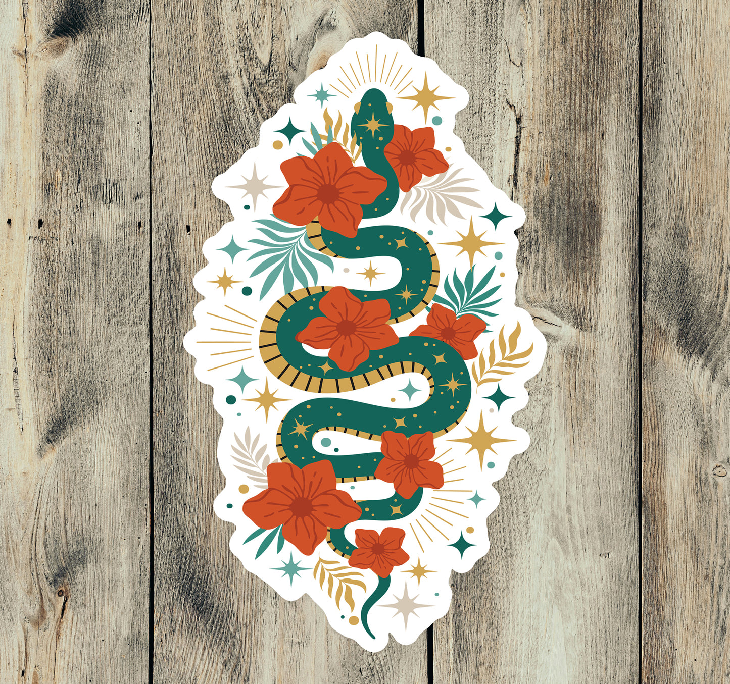 4" Mystic Jade Snake Sticker - Waterproof, Fade-Resistant Decal Stickers Boho Snakes Flowers Design