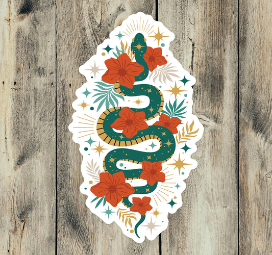4" Mystic Jade Snake Sticker - Waterproof, Fade-Resistant Decal Stickers Boho Snakes Flowers Design