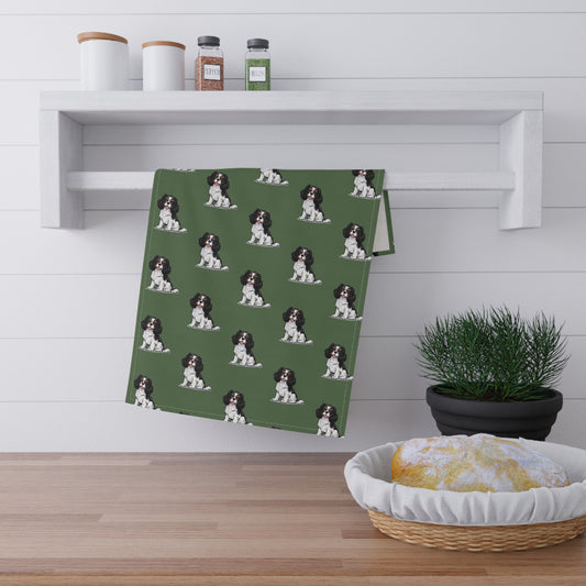 Green Cavalier King Charles Puppy Dog Tea Towel, Kitchen Hand Towels Decor Gifts, Home Accessories, Dogs Owner Gift