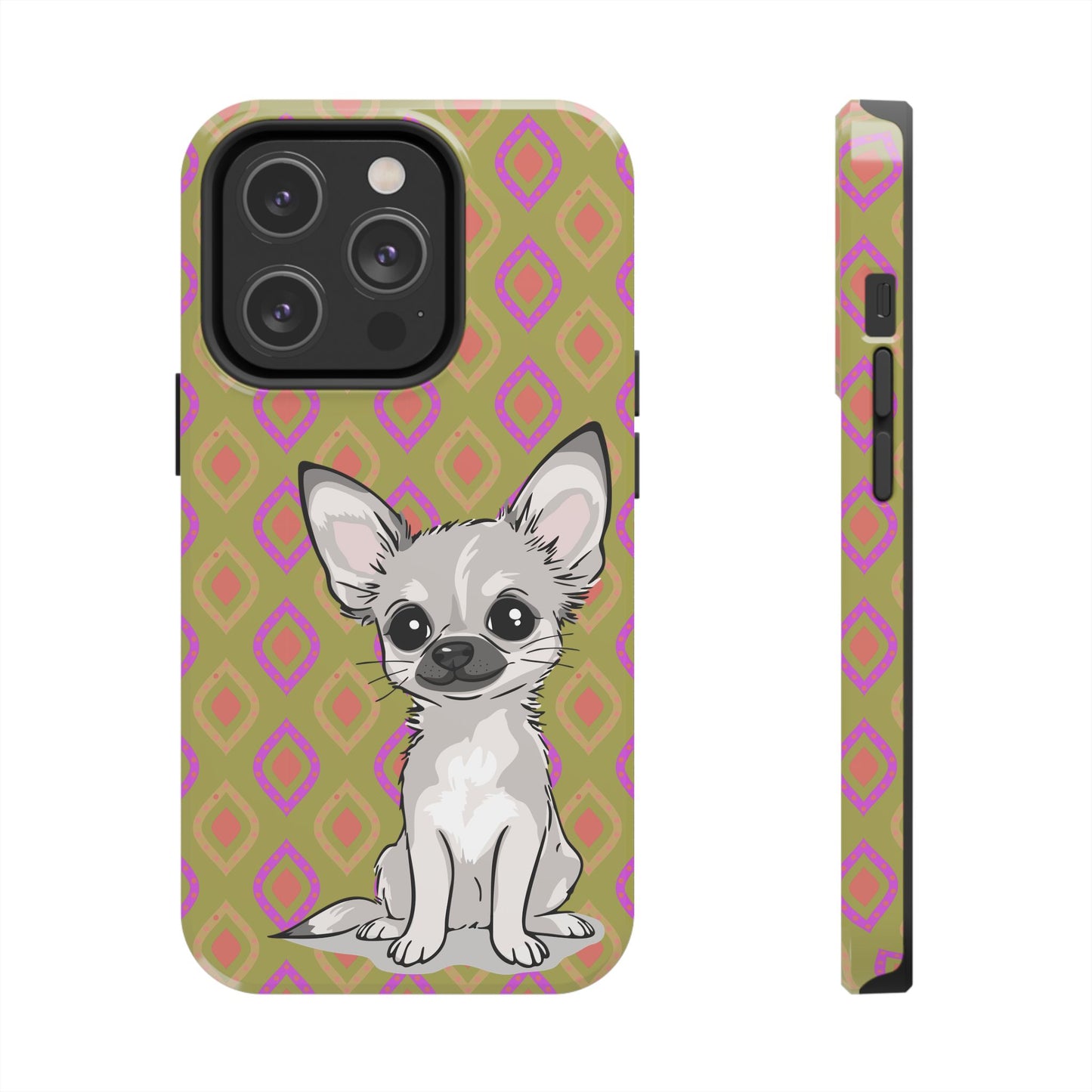 White Chihuahua Puppy Dog Phone Case, Tough Phone Cases Pet Dogs Retro Green  Pattern