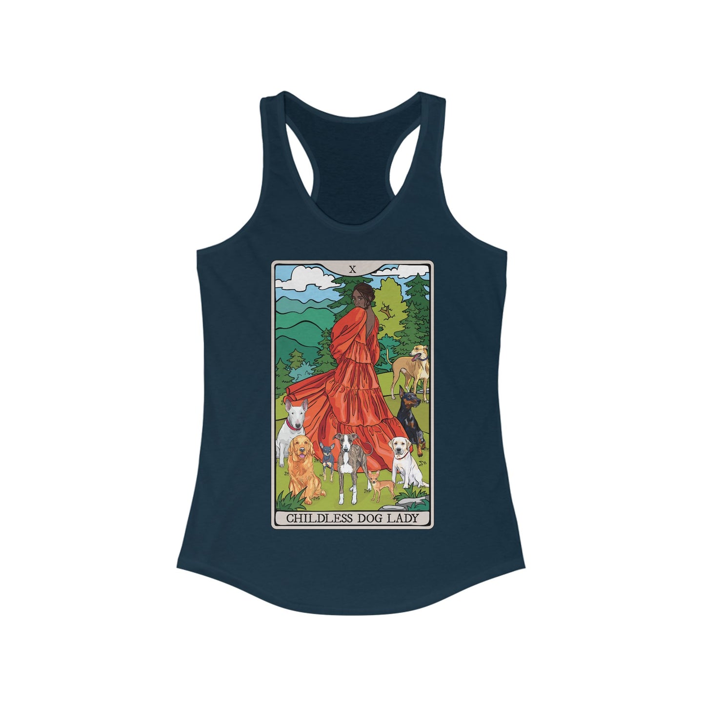 Childless Dog Lady Tarot Card Women's Racerback Tank Top Child-Free Dog Mom Shirt with Woman and Dogs Design