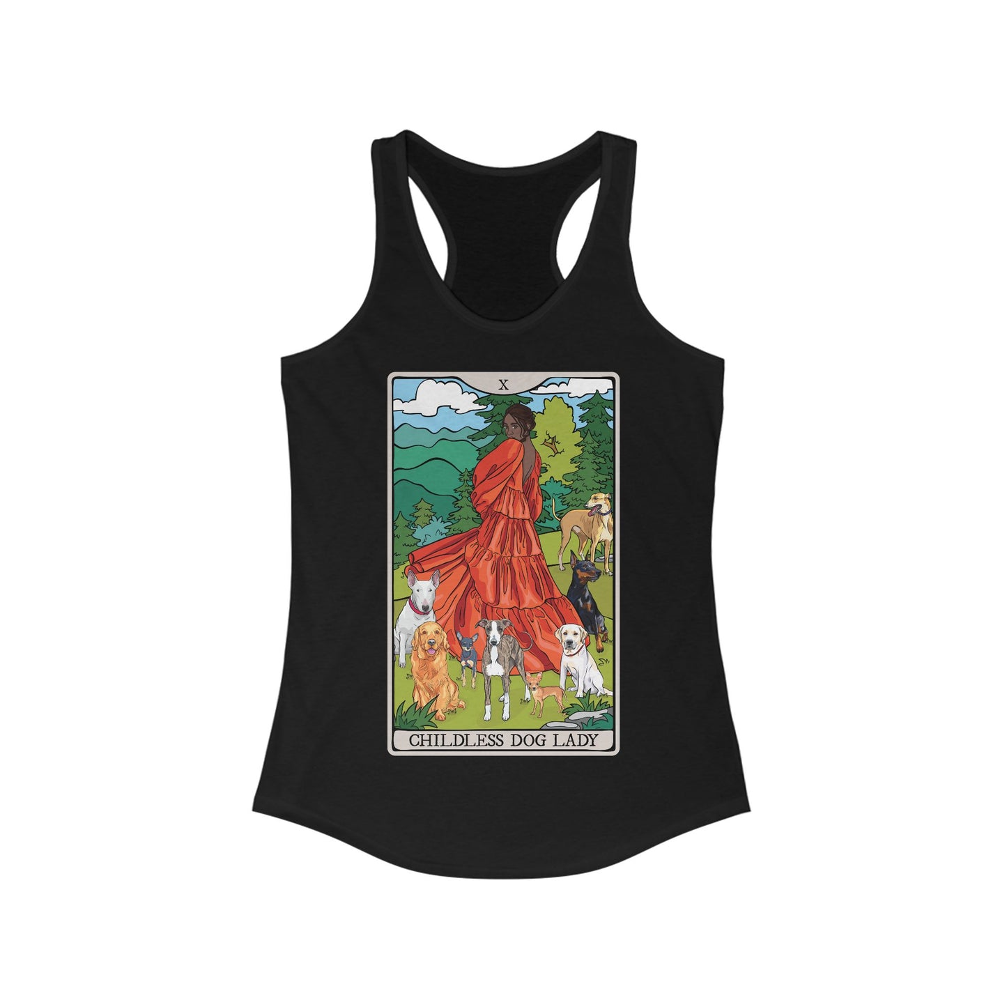 Childless Dog Lady Tarot Card Women's Racerback Tank Top Child-Free Dog Mom Shirt with Woman and Dogs Design