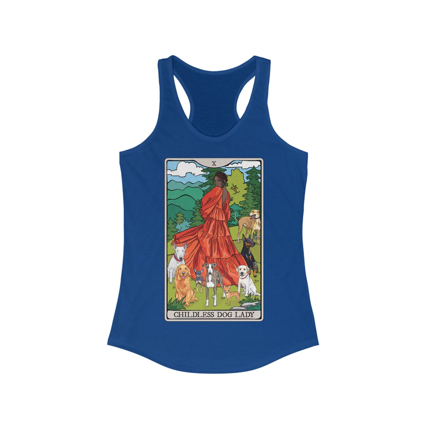 Childless Dog Lady Tarot Card Women's Racerback Tank Top Child-Free Dog Mom Shirt with Woman and Dogs Design