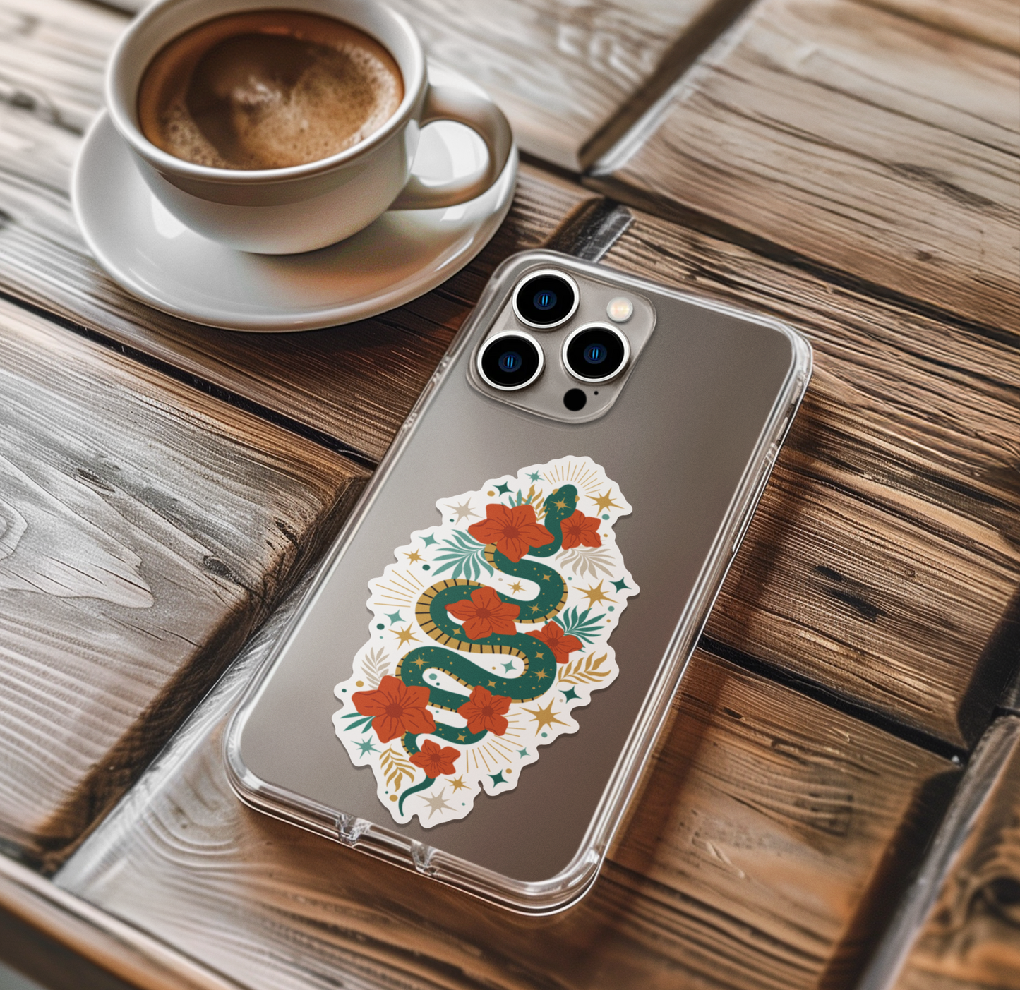 4" Mystic Jade Snake Sticker - Waterproof, Fade-Resistant Decal Stickers Boho Snakes Flowers Design