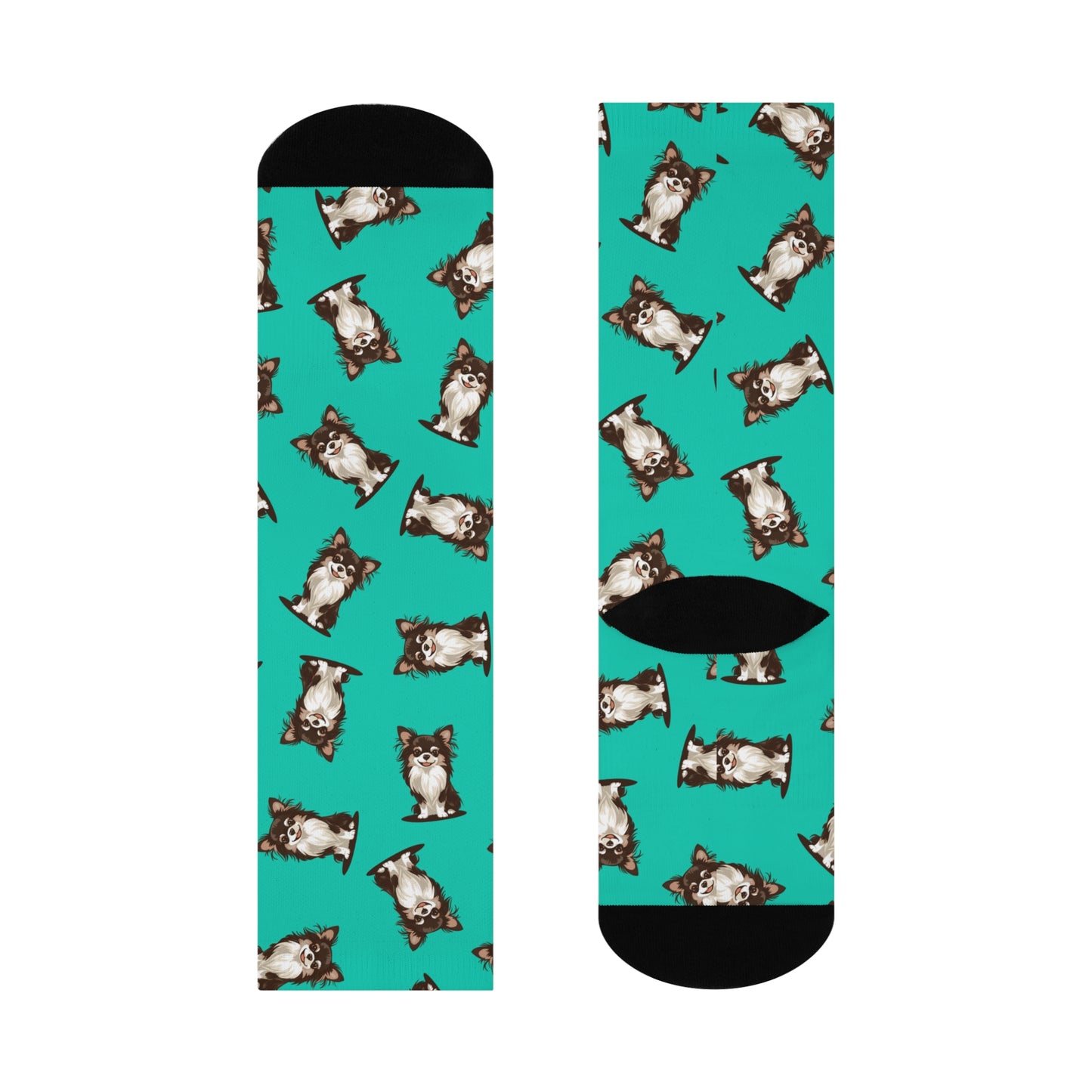 Koda Long Haired Chihuahua Dog Aqua Teal Pattern Cushioned Crew Socks With Cute Doggy Chihuahuas Pet Print