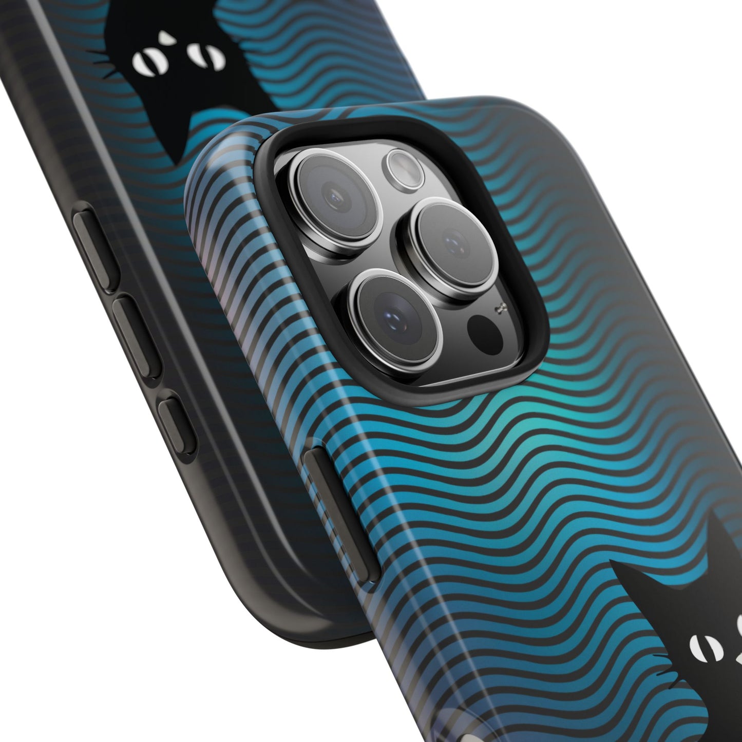Black Cat Cell Phone Case | Peeking Kitty Graphic on Wavy Teal Background