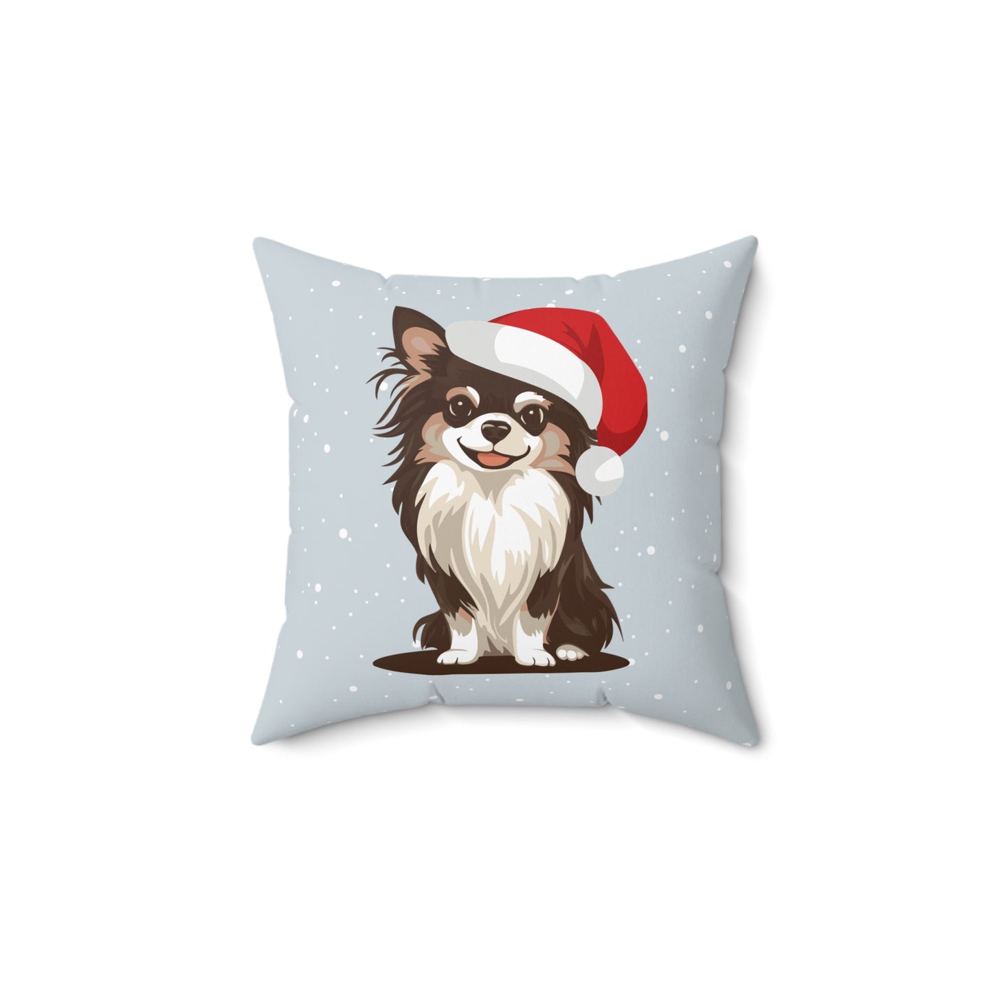 Christmas Long Haired Chihuahua Dog 14" or 16" Throw Pillow & Cover - Square Pillow Festive Holiday Xmas Dogs In Santa Hat Print