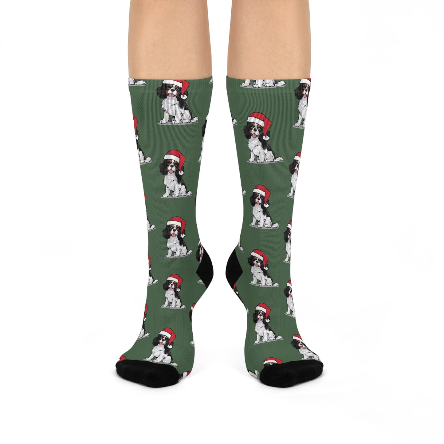 Cavalier King Charles Spaniel Dog Socks, Christmas Holiday Santa Dogs Novelty Crew Socks, Xmas Puppies Pattern