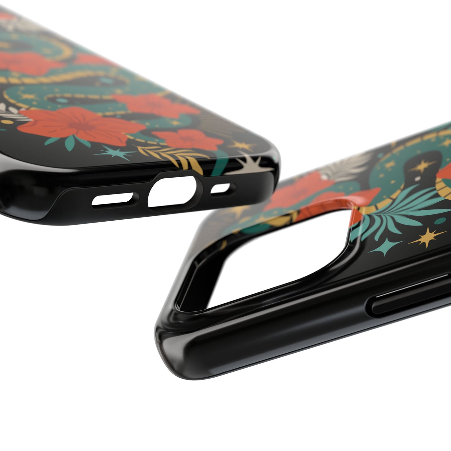 Mystic Snake Cell Phone Case, Black Tough Phone Cases Boho Serpent Snakes Floral Design