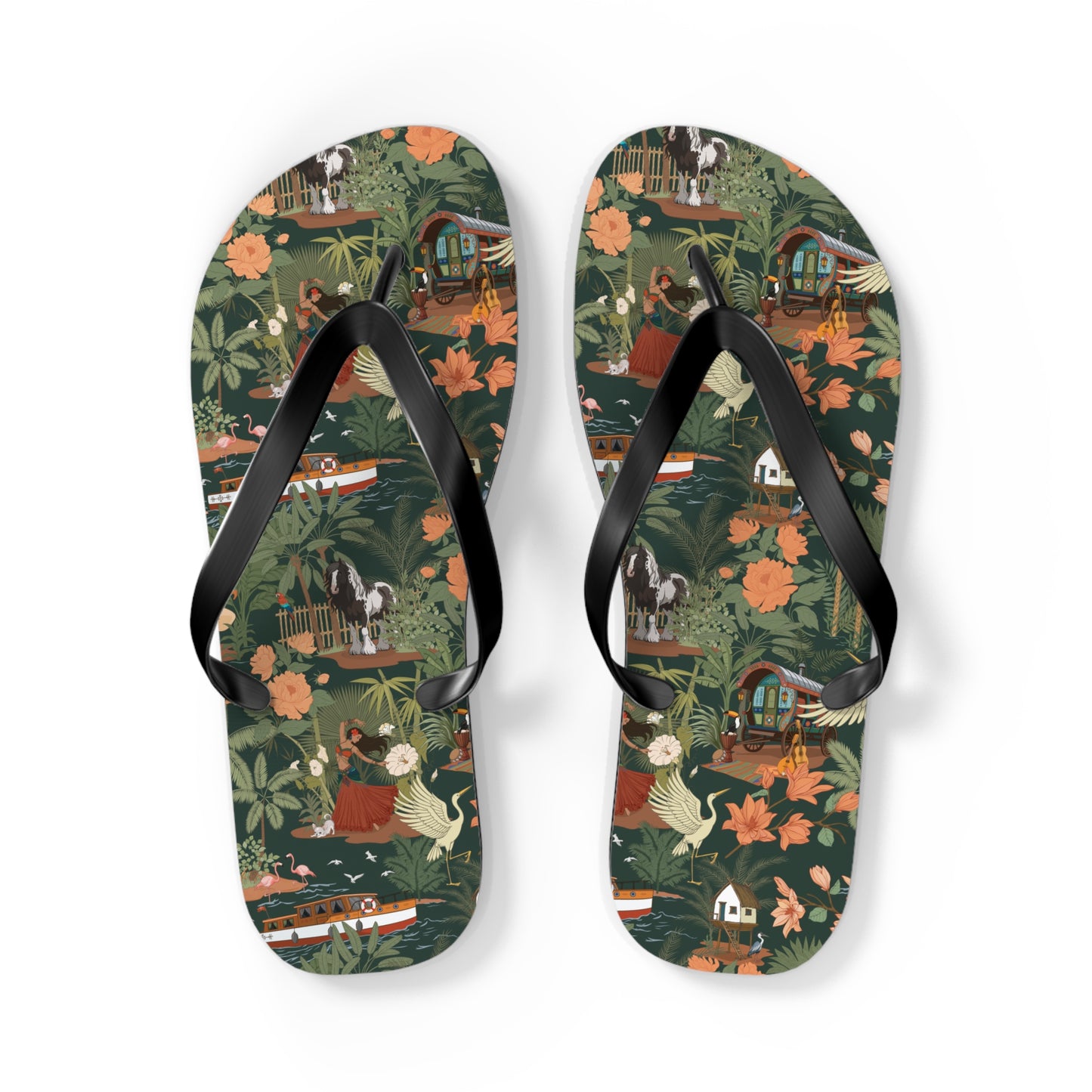 Tropical Nomad Floral Island Flip Flops | Vintage Travel Birds Pattern Sandals