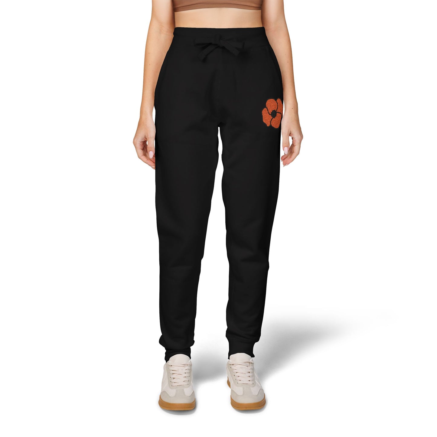 Embroidered Poppy Fleece Sweatpants, Floral Lounge Pants, Casual Flower Joggers, Cozy Embroidery Bottoms, Poppies Botanical Activewear