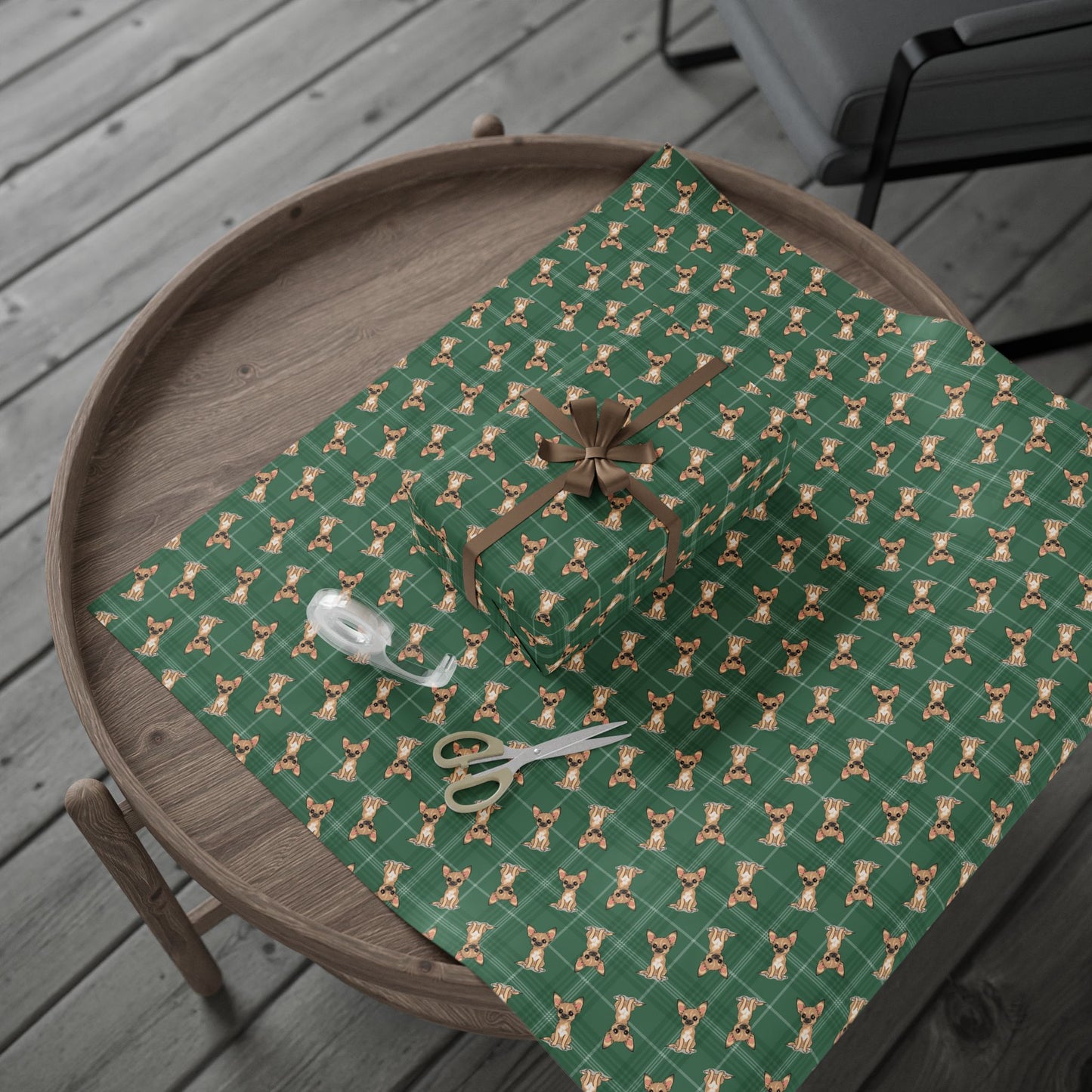 Tan Chihuahua Puppy Dog Wrapping Paper, Green Plaid Dogs Print Gift Wrap Roll, Chihuahuas Christmas Holiday Birthday Matte Wrapping Papers