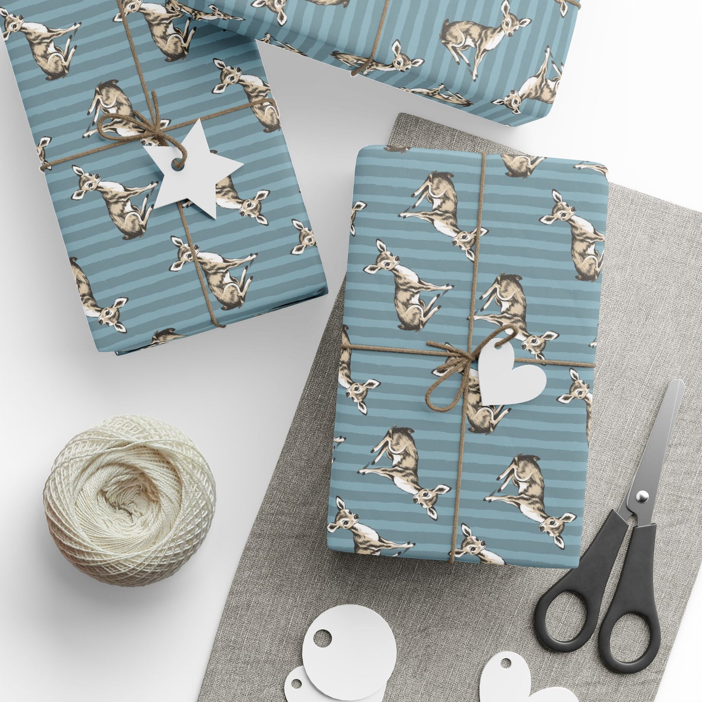Fawn Stripe Pattern Wrapping Paper, Blue Striped Baby Deer Gift Wrap Roll, Matte Finish Woodland Animal Birthday, Christmas, Holiday Gifts
