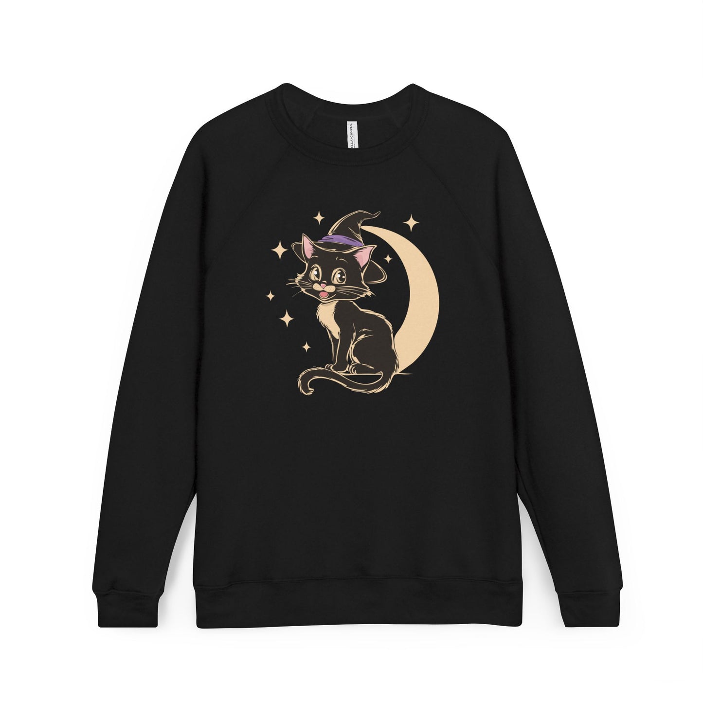 Witchy Kitty Black Raglan Sweatshirt, Spooky Witch Cat Halloween Fleece Sweatshirts, Gothic Apparel