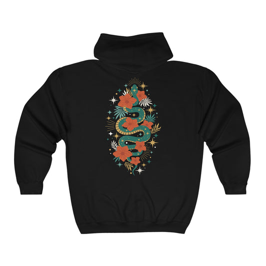 Mystic Jade Snake Zip Up Hoodie - Full Zip Hooded Sweatshirt Jacket, Boho Floral Serpent Design Zipper Hoodies Mens Womens Sweatshirts