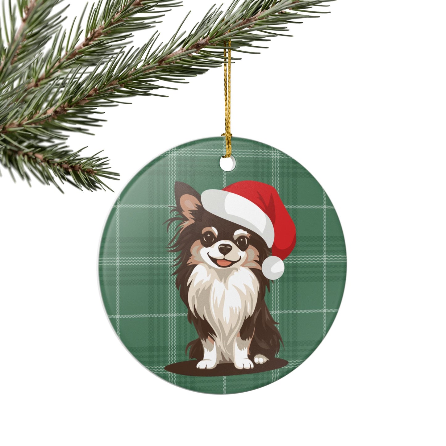 Santa Long Haired Chihuahua Dog Christmas Tree Ornament, Xmas Dogs Holiday Decorations, Pet Lover Gift, Red Plaid Ceramic Ornaments