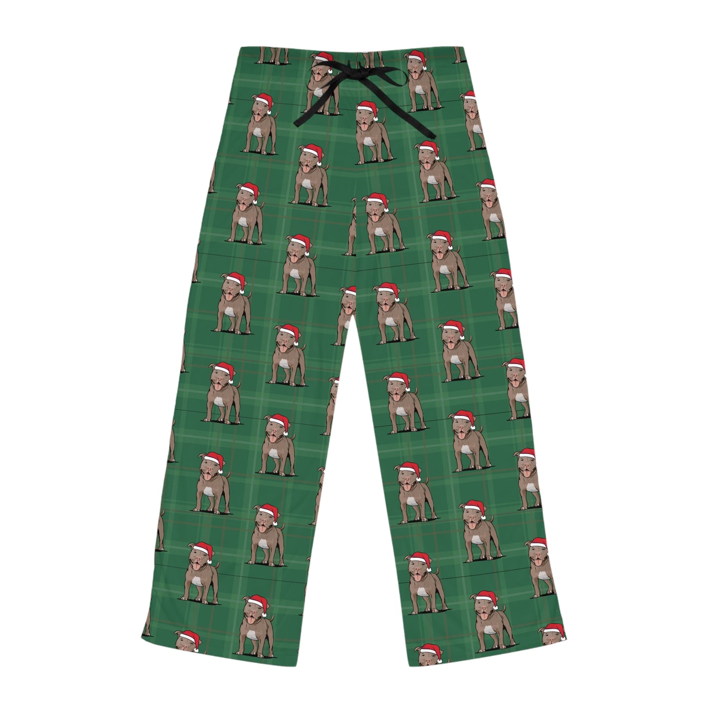 Green Plaid Pit Bull Dog  Women's Christmas Pajama Pants, Santa Pitbull Dogs PJ Bottoms, Cozy Winter Loungewear, Matching Holiday Sleepwear