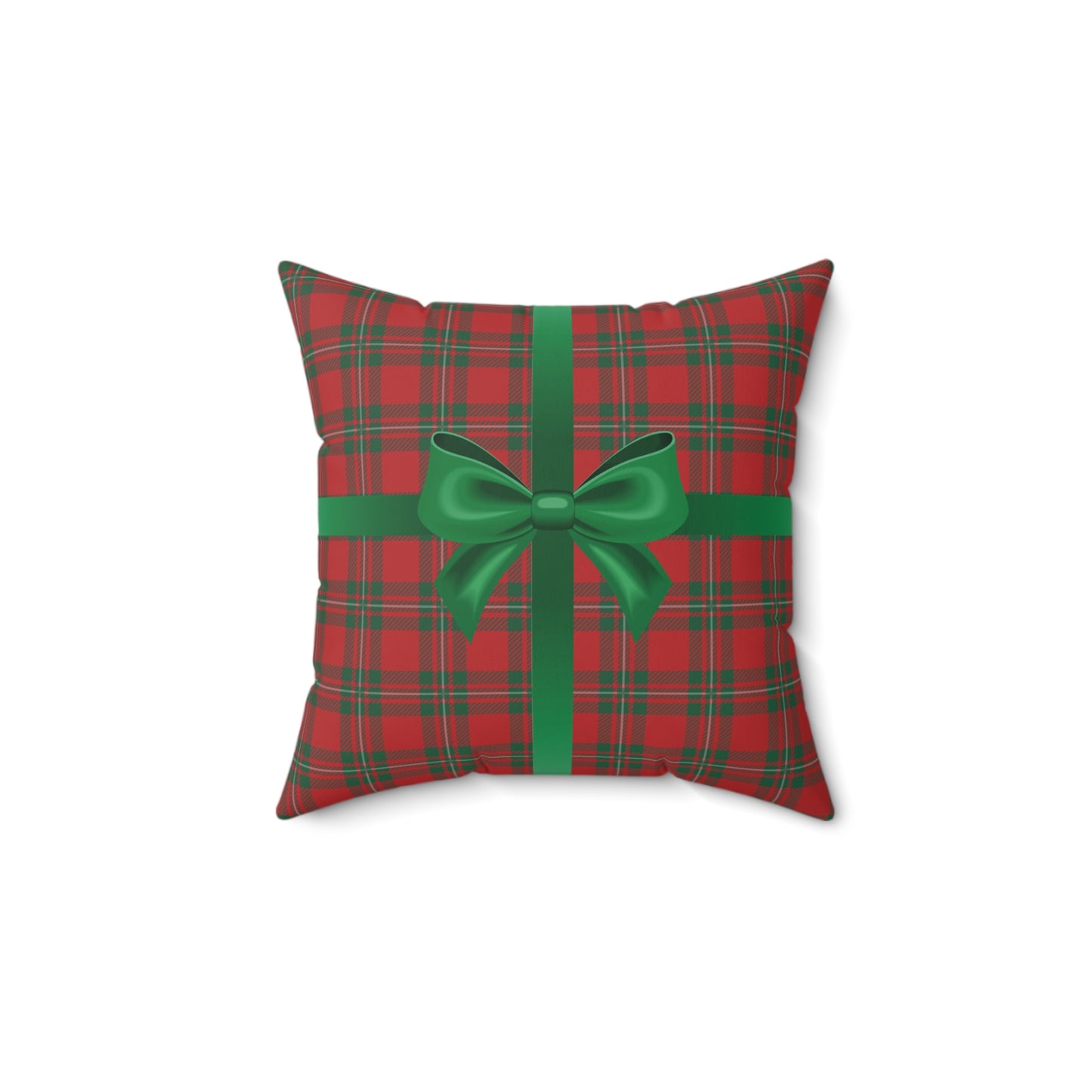 Holiday Gift Throw Pillow, Green Bow on Red Plaid Wrapped Present Pillows, Christmas Home Decor Xmas Decorations, Square Cushion and Cover