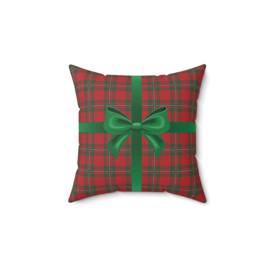 Holiday Gift Throw Pillow, Green Bow on Red Plaid Wrapped Present Pillows, Christmas Home Decor Xmas Decorations, Square Cushion and Cover