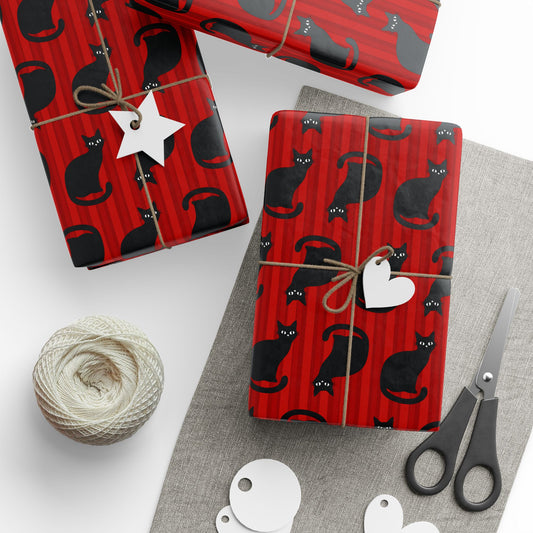 Black Cat Wrapping Paper, Red Stripe Kitty Gift Wrap Roll, Birthday Christmas Valentine's Day Holiday Glossy Finish