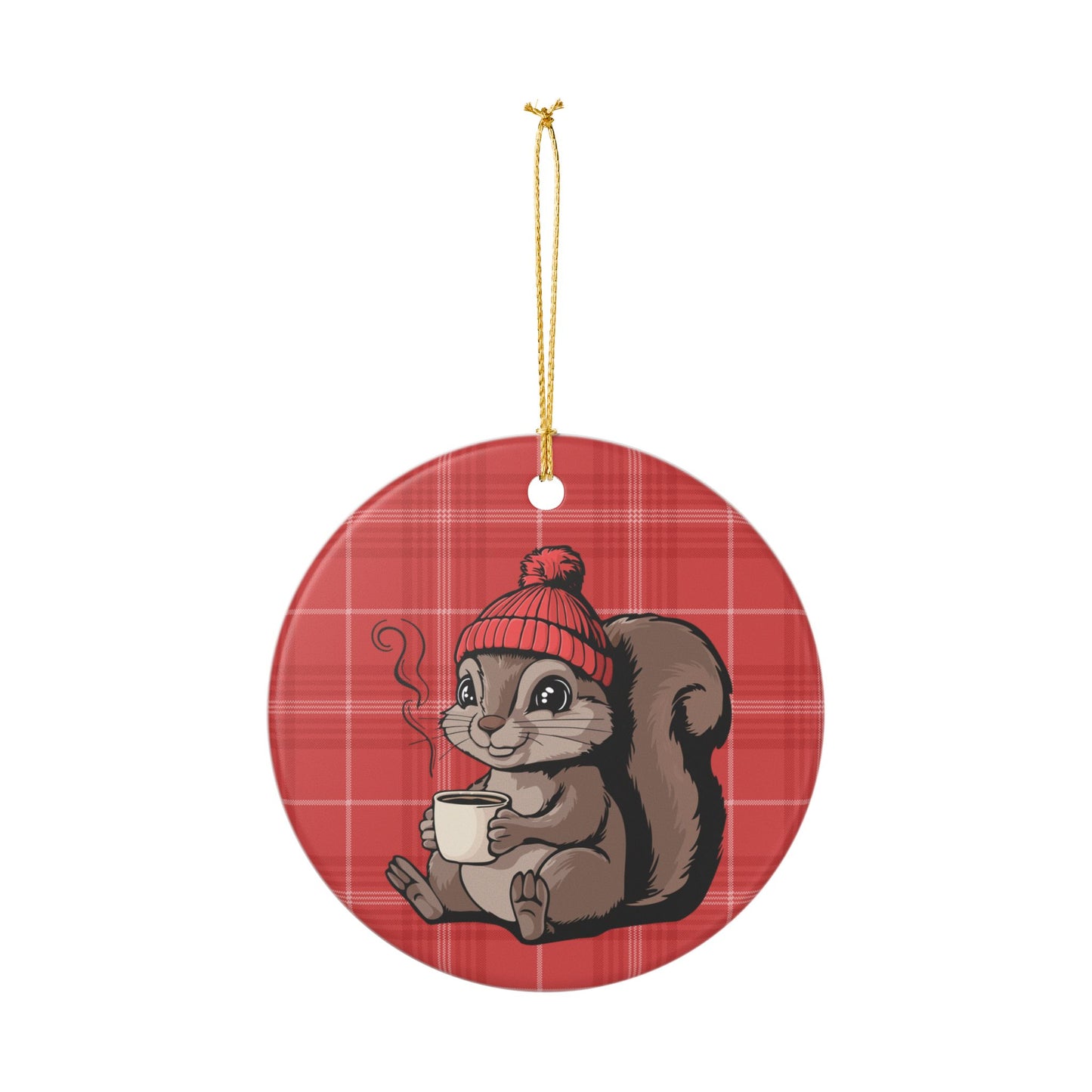 Cozy Squirrel Christmas Tree Ornament, Xmas Squirrels Holiday Decorations, Red Plaid Ceramic Ornaments, Woodland Animals Theme Decor