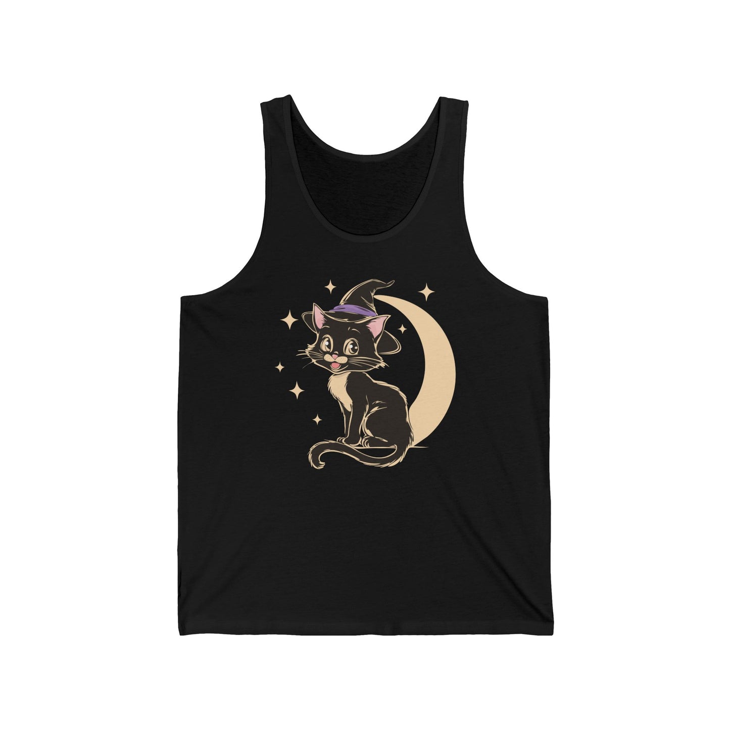 Witchy Kitty Cotton Jersey Tank Top Halloween Graphic Sleeveless Shirt with Black Cat with Witch Hat & Crescent Moon Print