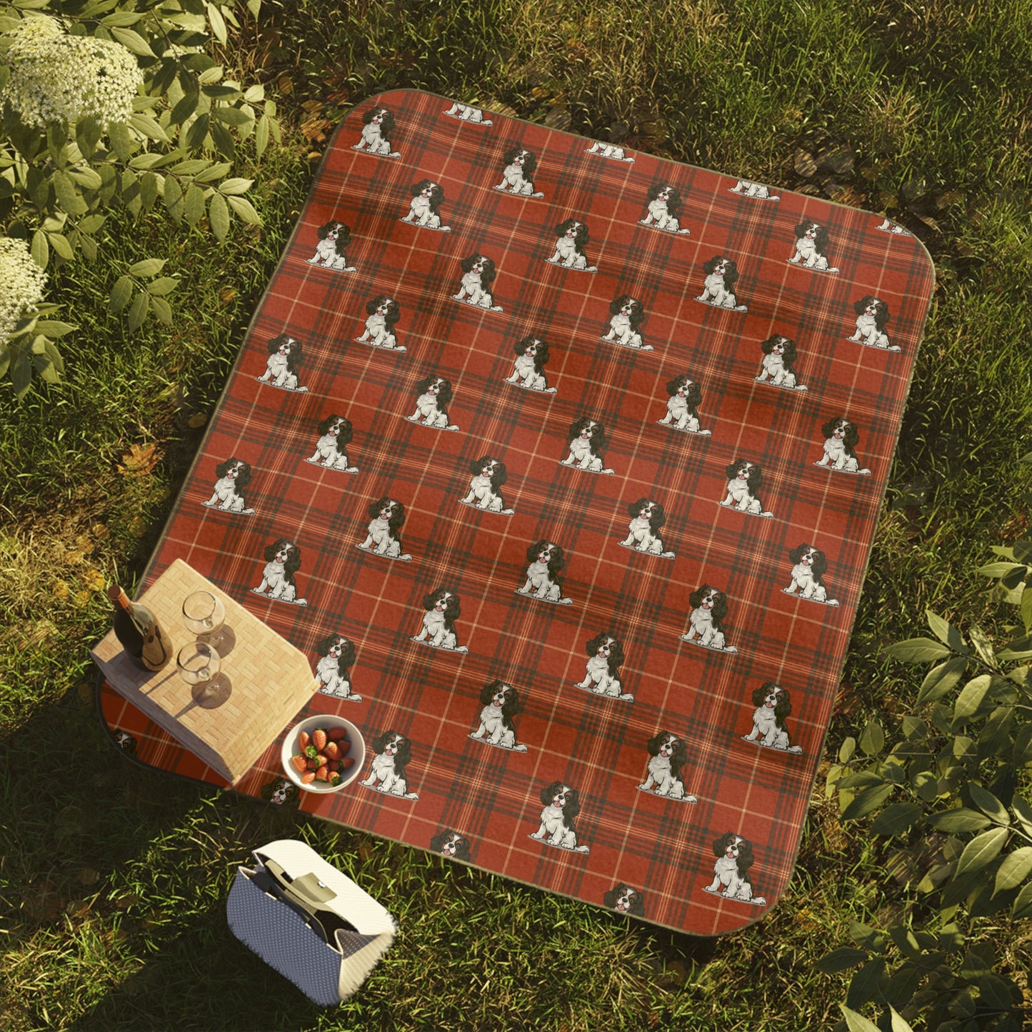 Tricolor Cavalier King Charles Spaniel Dogs Plaid Picnic Blanket | Red Tartan Dog Pattern Blankets