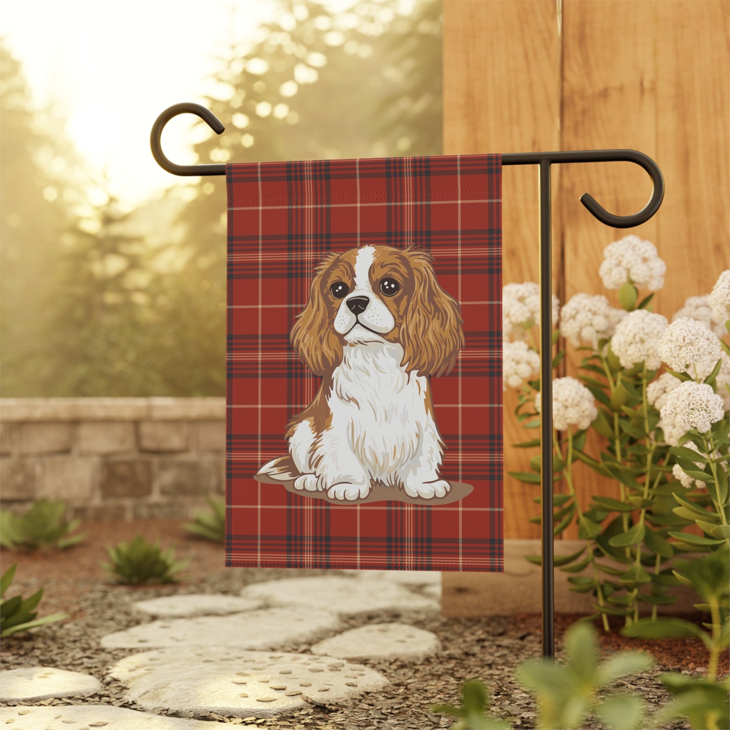 Blenheim Cavalier King Charles Spaniel Red Tartan Plaid Outdoor Garden Banner Flag, Christmas Holiday Yard Decorations