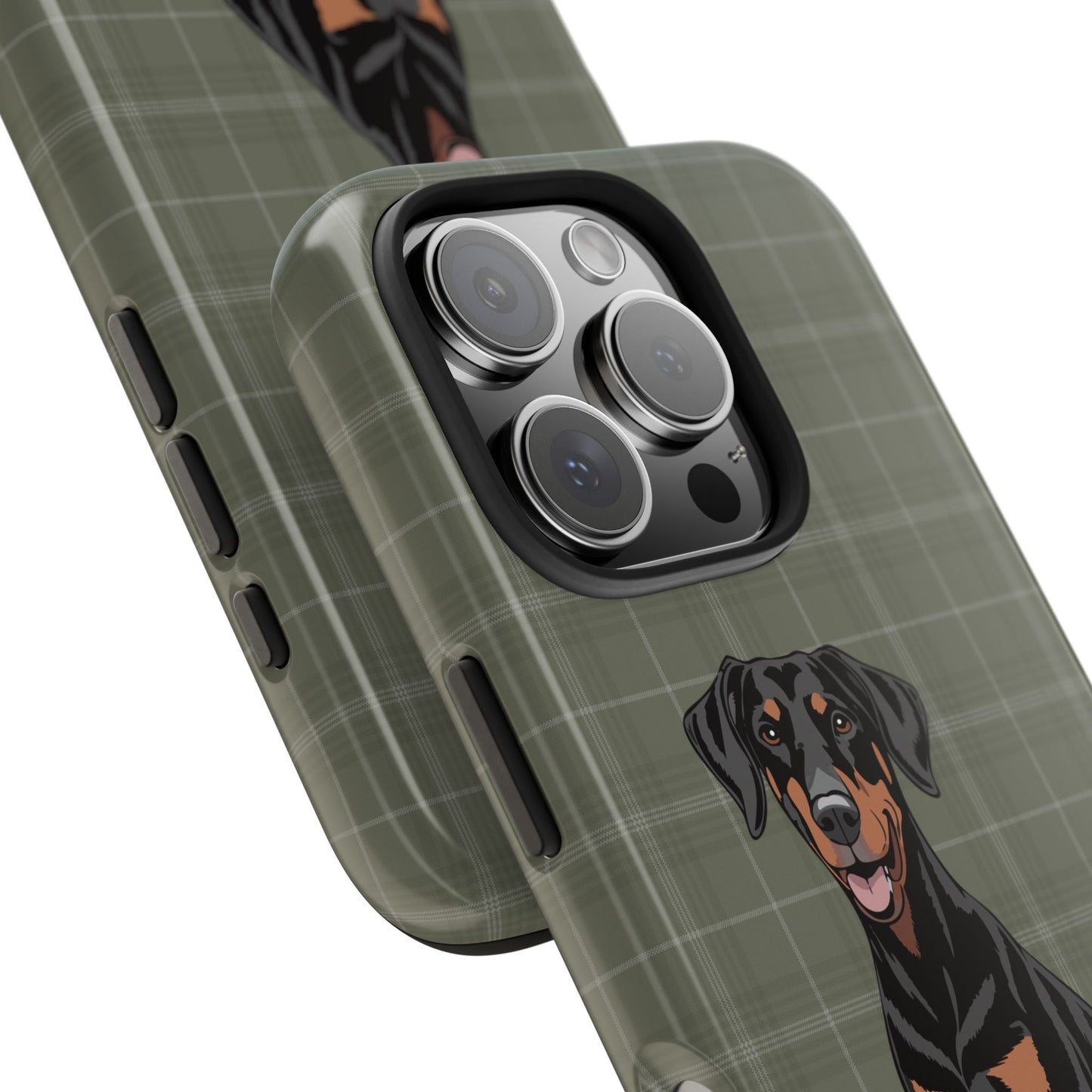 Doberman Pinscher Dog Phone Case, Tough Phone Cases Pet Dogs Green Plaid Pattern