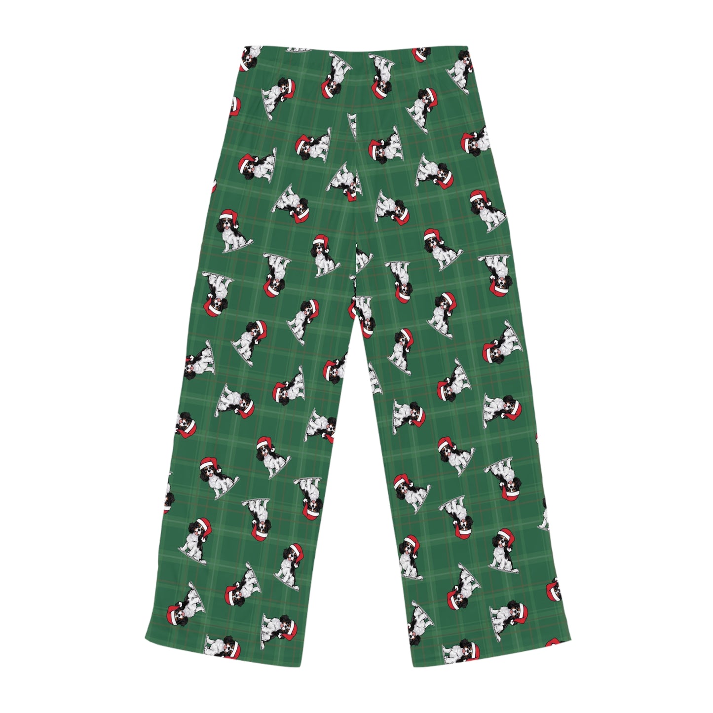Tricolor Cavalier King Charles Spaniel Dog Womens Christmas Pajama Pants, Santa Dogs Green PJ Bottoms