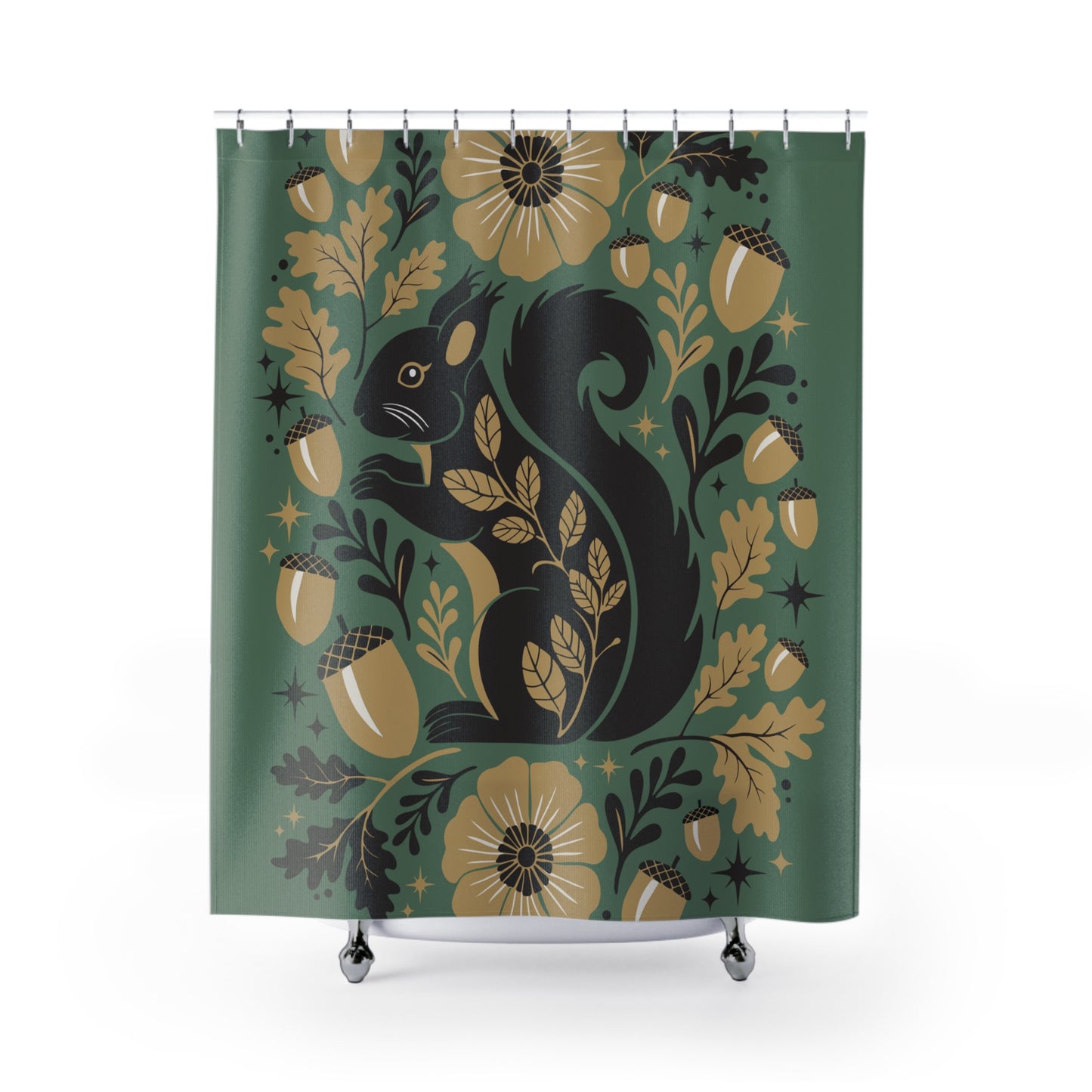 Woodland Squirrel Shower Curtain | Floral Acorn Forest Pattern Squirrels Bathroom Decor, Green Flower Shower Curtains
