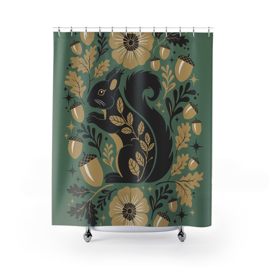 Woodland Squirrel Shower Curtain | Floral Acorn Forest Pattern Squirrels Bathroom Decor, Green Flower Shower Curtains