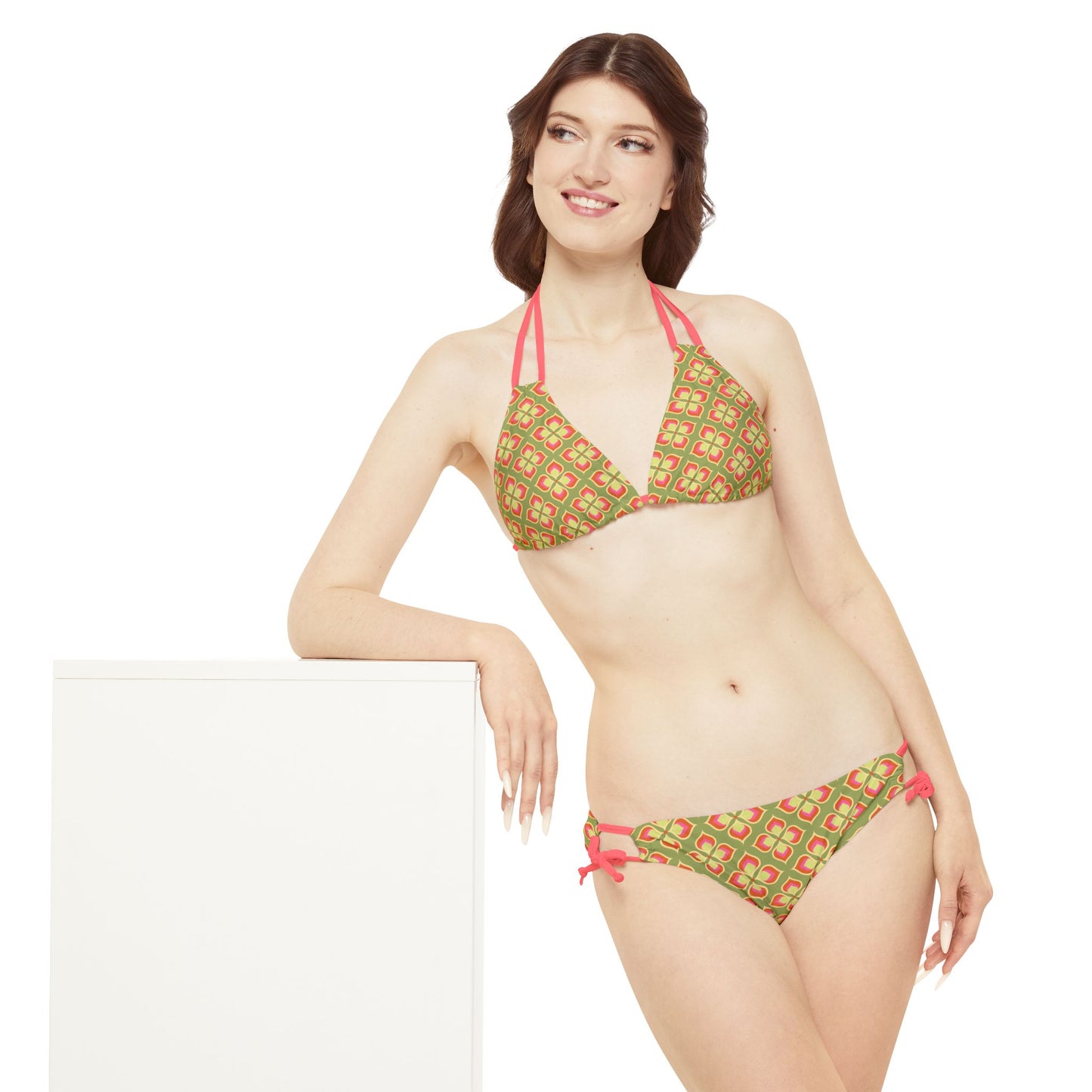 Vintage Vibes Retro Pattern Strappy Bikini Set - Green, Yellow, & Pink 2 Piece Women's Swimsuit in 70's Inspired Print