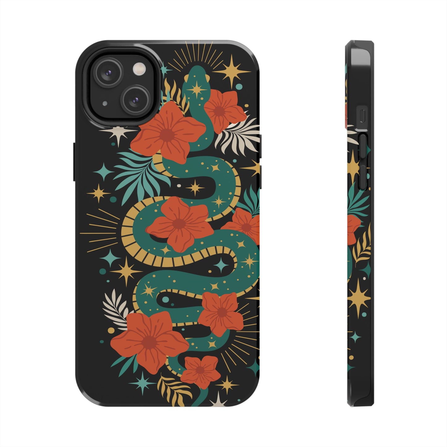 Mystic Snake Cell Phone Case, Black Tough Phone Cases Boho Serpent Snakes Floral Design