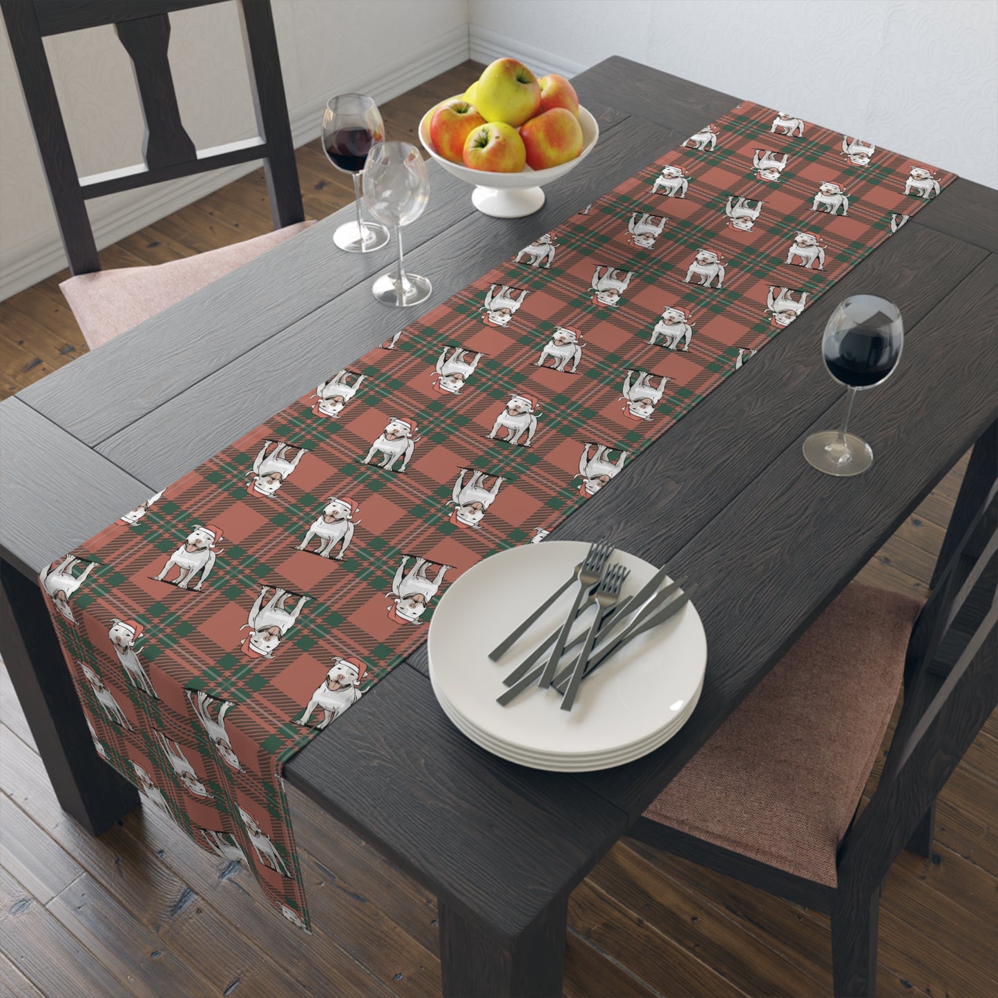 Festive American Pit Bull Terrier Dog Holiday Table Runner, Christmas Home Decor, Dining Tablecloth Linens, Plaid Table Setting Runners