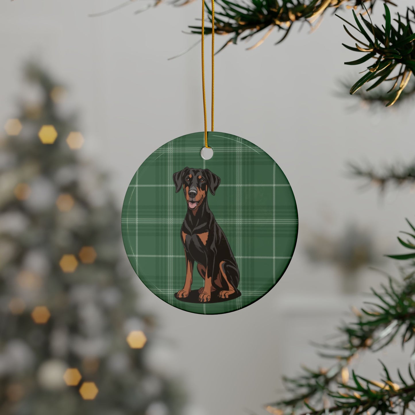 Doberman Pinscher Dogs Green Plaid Christmas Tree Ornament, Festive Xmas Holiday Decorations 1, 3, 5, 10 Pack Ornaments