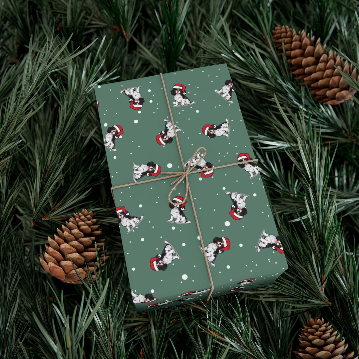 Cavalier King Charles Spaniel Dog Christmas Wrapping Paper, Dogs Print, Cheery Holiday Gift Wrap With Snowy Xmas Puppy In Santa Hat