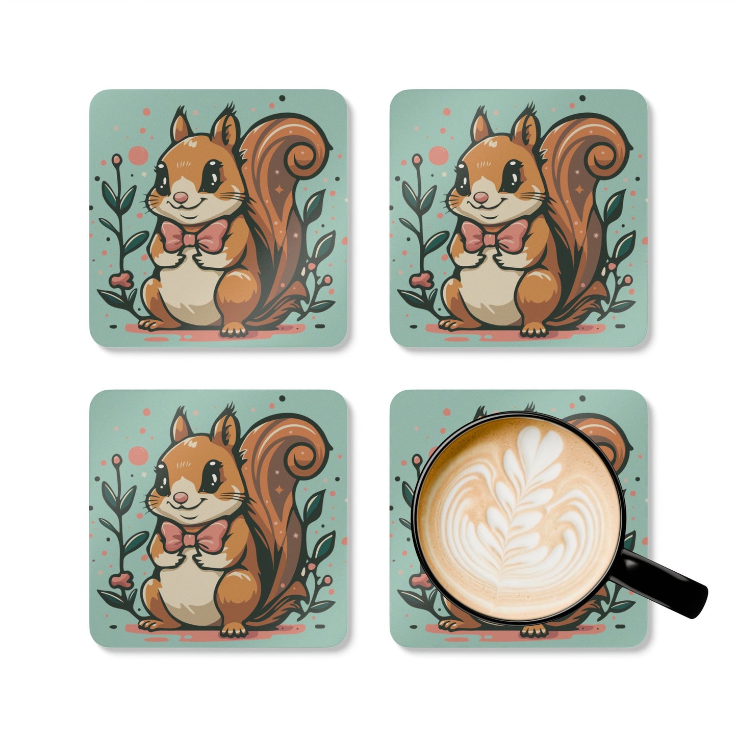 Woodland Squirrel 4 Pack Coasters Corkwood Coaster Set with Cute Squirrel Design