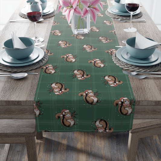 Festive Santa Squirrels Holiday Table Runner, Christmas Home Decor, Dining Tablecloth Linens, Green Plaid Squirrel Table Setting Runners